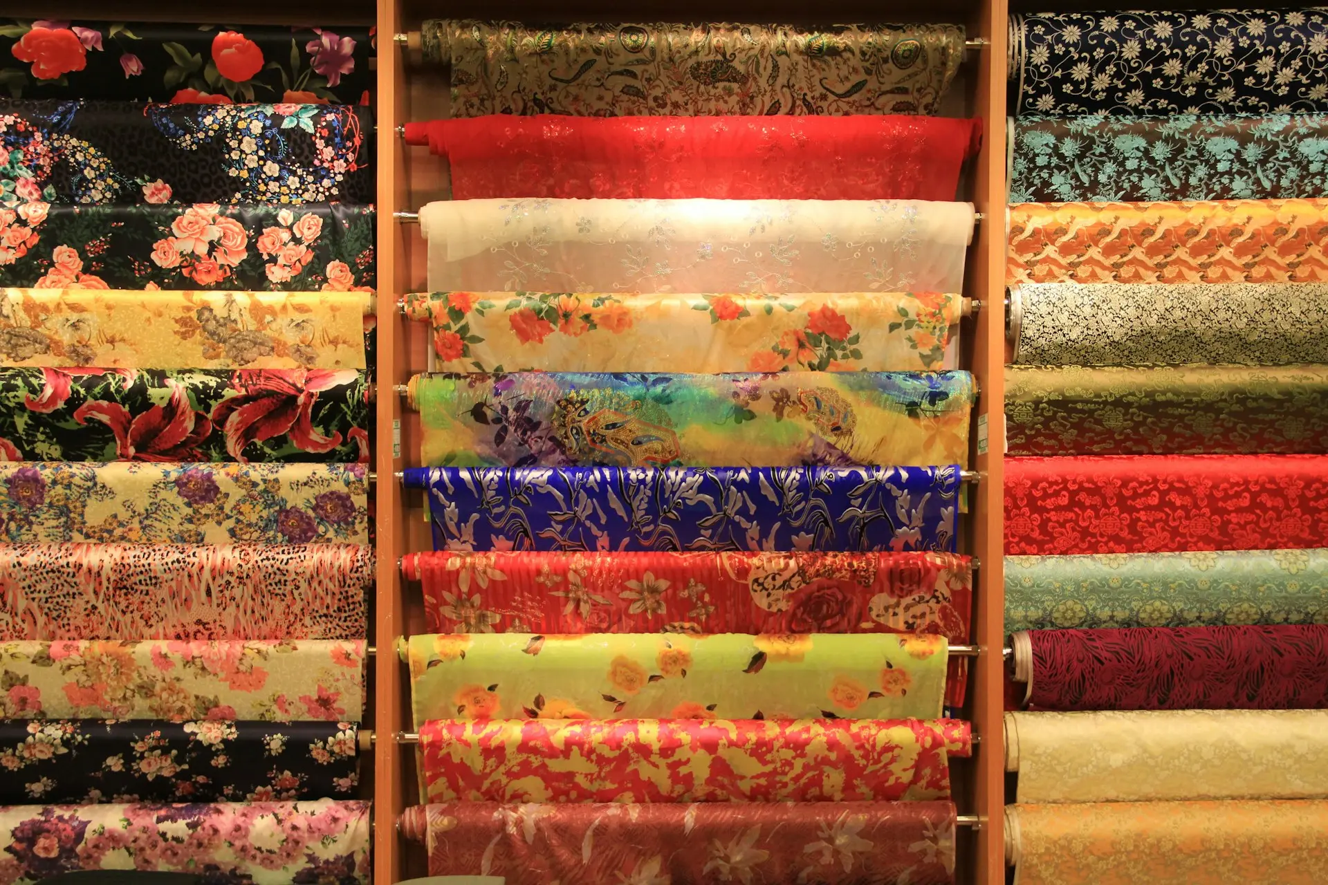 red and blue floral textile