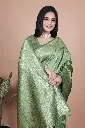 Fabric: Premium Banarasi Silk Color: Light Green with Golden Zari Work