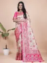 Color: Cream body with Pink border and pallu  Fabric: Premium Banarasi Silk Saree Length: 5.5 meters Blouse Piece: 0.80 meter