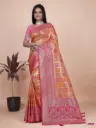 Color: Bright Orange with Pink border and pallu  Fabric: Luxurious Banarasi Silk Saree Length: 5.5 meters | Blouse Piece:0.80 meter