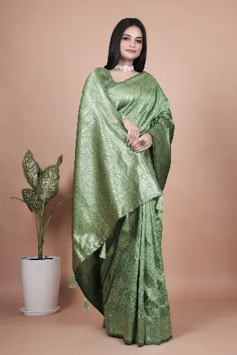 Fabric: Premium Banarasi Silk Color: Light Green with Golden Zari Work