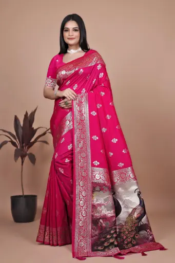 Fabric: Silk blend  Color: Rich Magenta with Silver Zari Length: Saree - 5.5 meters | Blouse - 0.8 meters