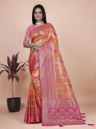 Color: Bright Orange with Pink border and pallu  Fabric: Luxurious Banarasi Silk Saree Length: 5.5 meters | Blouse Piece:0.80 meter