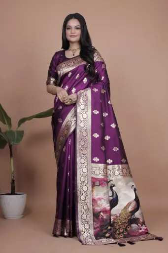 Fabric: Premium Banarasi Silk Color: Royal Purple with Multicolor Pallu Saree Length: 5.5 meters | Blouse Piece: 08 meters (matching with border)